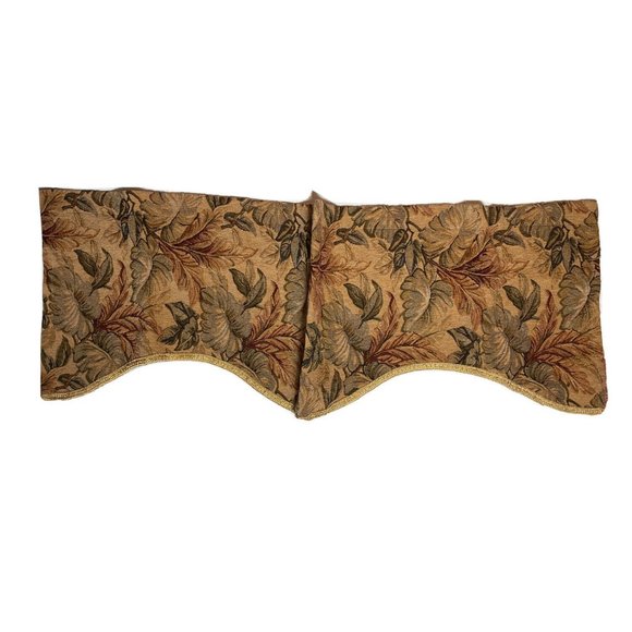 2 Vintage Scalloped Valances Short Curtains Tan Leaves Floral Tapestry Gold Pair - Picture 2 of 5